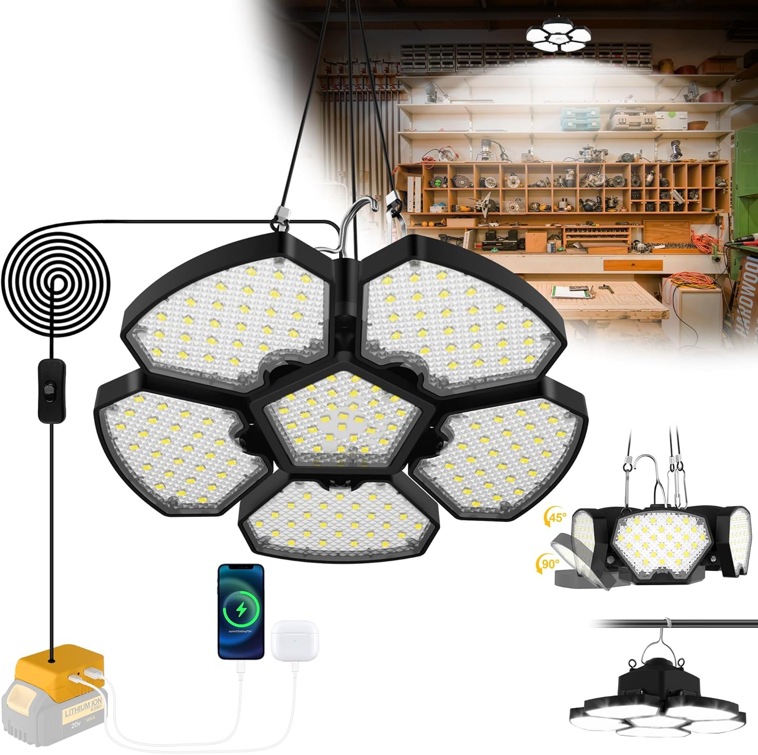 Outdoor Lighting Garage - ไฟส่องสว่างแบบใช้แบตเตอรี่สำหรับกลางแจ้ง แคมป์ปิ้ง ไฟ LED ทำงาน ใช้ได้กับ