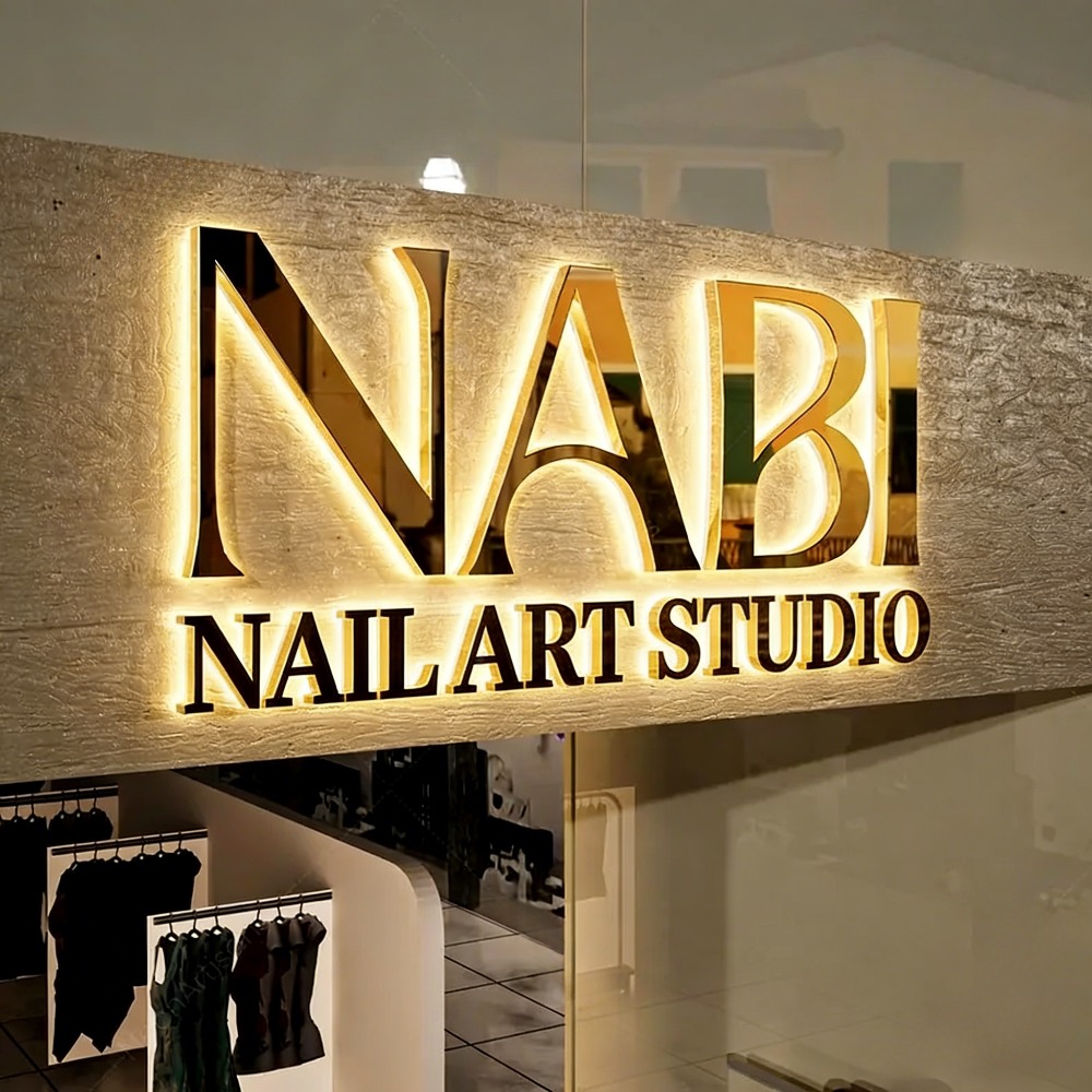 Outdoor Lighting Logo - ป้ายโลโก้ร้านทำเล็บแบบกำหนดเอง ตัวอักษรโลหะ 3 มิติ ไฟ LED